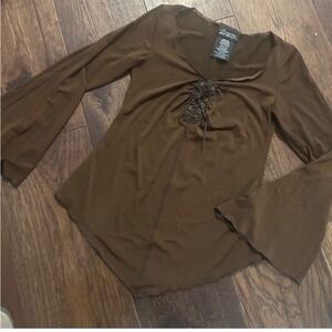 Y2K No Boundaries Brown Lace Up Corset Style bell Sleeve Top Shirt Sz juniors 3